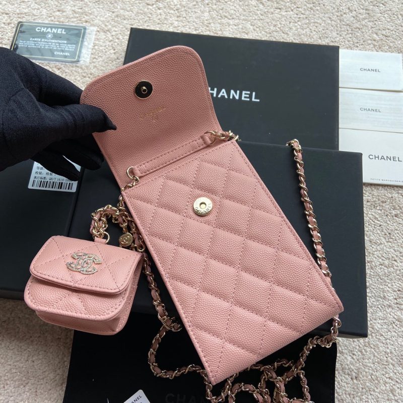 CC Phone Holder Pale & Air Pod Bag Pink Caviar Diamond Hardware 229778