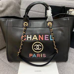 CC DEAUVILLE TOTE BAG 39CM BLACK CALFSKIN MULTICOLOR LOGO