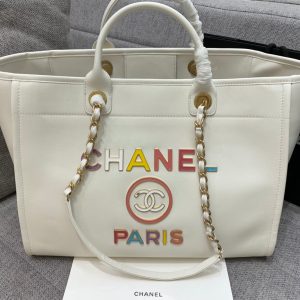 CC DEAUVILLE TOTE BAG 39CM WHITE CALFSKIN MULTICOLOR LOGO