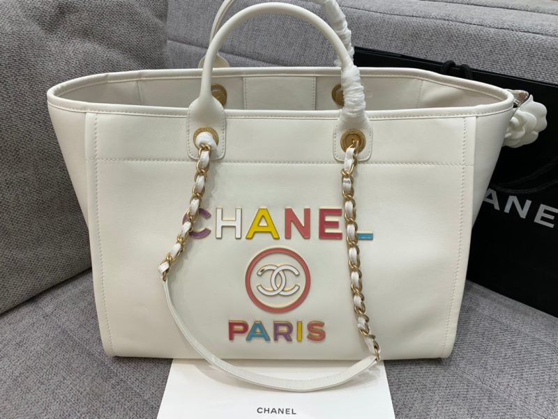CC DEAUVILLE TOTE BAG 39CM WHITE CALFSKIN MULTICOLOR LOGO