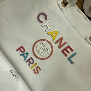 CC DEAUVILLE TOTE BAG 39CM WHITE CALFSKIN MULTICOLOR LOGO