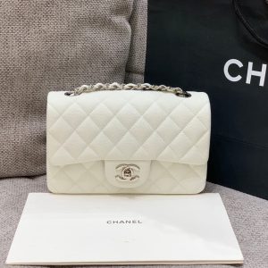 flap bag mini 20cm white caviar silver hardware