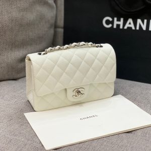 flap bag mini 20cm white caviar silver hardware