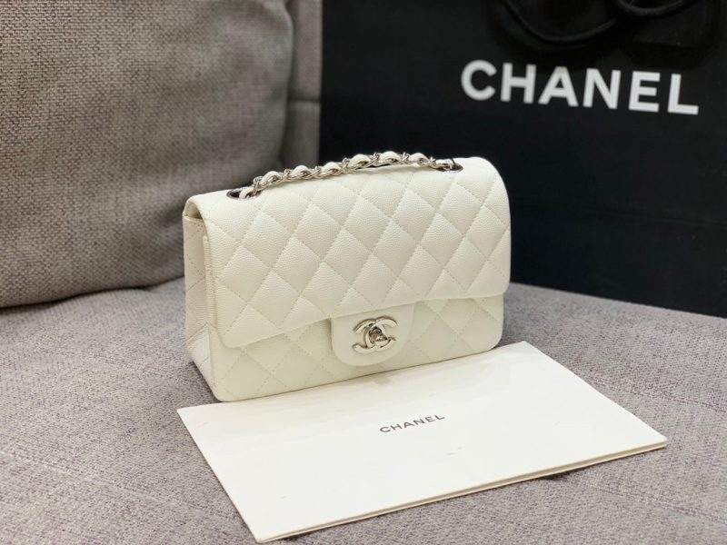 flap bag mini 20cm white caviar silver hardware