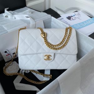 Flap Bag 24cm White Caviar Gold Hardware