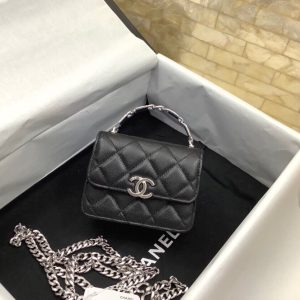 cc mini woc 13cm with top handle black quilted caviar leather silver hardware