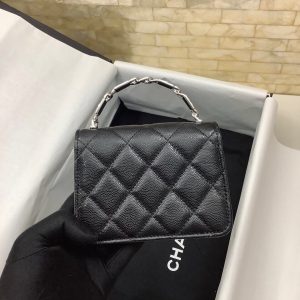 cc mini woc 13cm with top handle black quilted caviar leather silver hardware