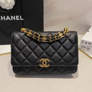 CC 24K Woc 19cm Black Grained Calfskin Gold Hardware