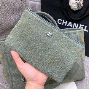 CC DEAUVILLE TOTE BAG 34CM KHAKI DENIM SILVER HARDWARE