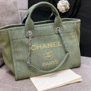 CC DEAUVILLE TOTE BAG 34CM KHAKI DENIM SILVER HARDWARE