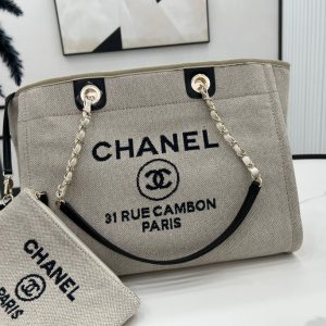 CC Deauville Tweed Bag 33x24x14.5cm Black Leather Gold Hardware 36