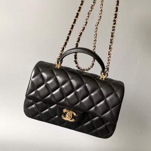 mini flap bag top handle 20cm black lambskin gold hardware