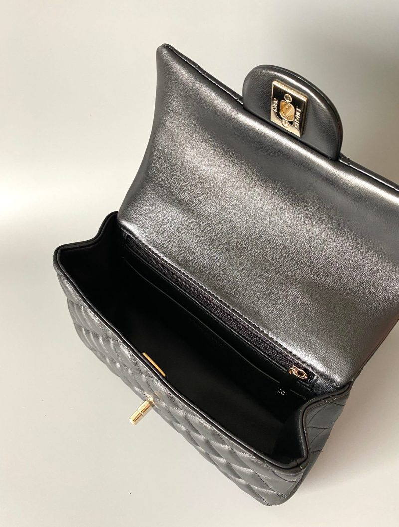 mini flap bag top handle 20cm black lambskin gold hardware