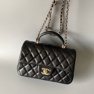 mini flap bag top handle 20cm black lambskin gold hardware