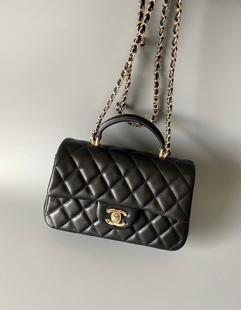mini flap bag top handle 20cm black lambskin gold hardware