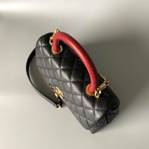 coco handle flap bag 23cm black quilted caviar with red top handle