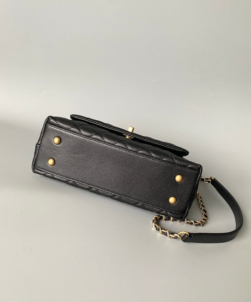 coco handle flap bag 23cm black quilted caviar with red top handle