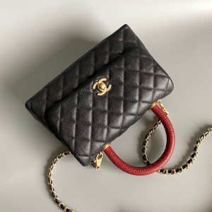 coco handle flap bag 23cm black quilted caviar with red top handle
