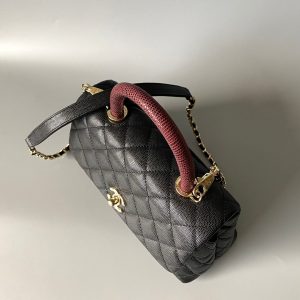 coco handle flap bag 23cm black quilted caviar with dark red top handle
