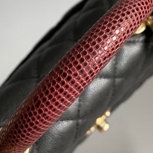 coco handle flap bag 23cm black quilted caviar with dark red top handle