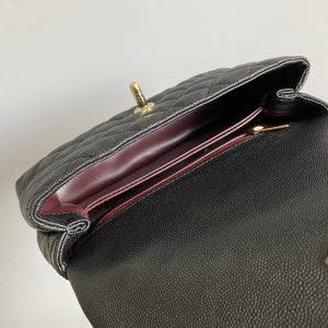 coco handle flap bag 23cm black quilted caviar with dark red top handle