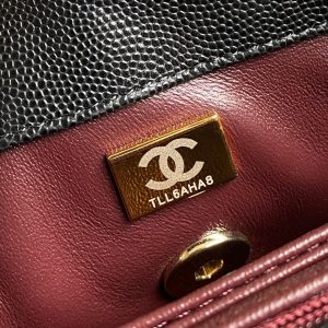 coco handle flap bag 23cm black quilted caviar with dark red top handle