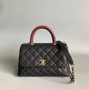 coco handle flap bag 23cm black quilted caviar with dark red top handle