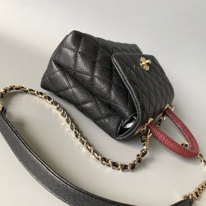 coco handle flap bag 23cm black quilted caviar with dark red top handle