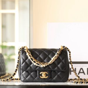 cc 24p mini flap bag 17cm black lambskin pearl chain