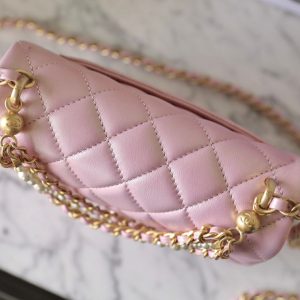 cc 24p mini flap bag 17cm pearlescent pink lambskin pearl chain
