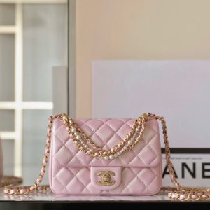 cc 24p mini flap bag 17cm pearlescent pink lambskin pearl chain