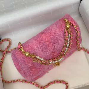 CC 24P Mini Flap Bag 17cm Pink Tweed Pearl Chain Gold Hardware