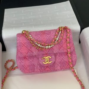 CC 24P Mini Flap Bag 17cm Pink Tweed Pearl Chain Gold Hardware