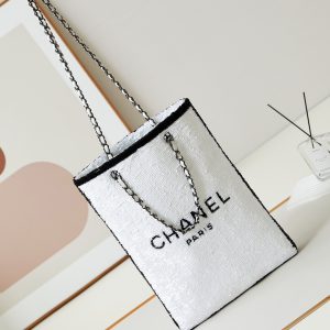 cc 24s31 shopping bag white black sequins black hardware