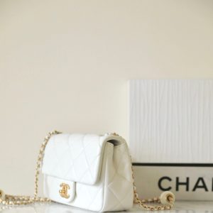 cc 24s mini flap bag 20cm white lambskin pearl ball