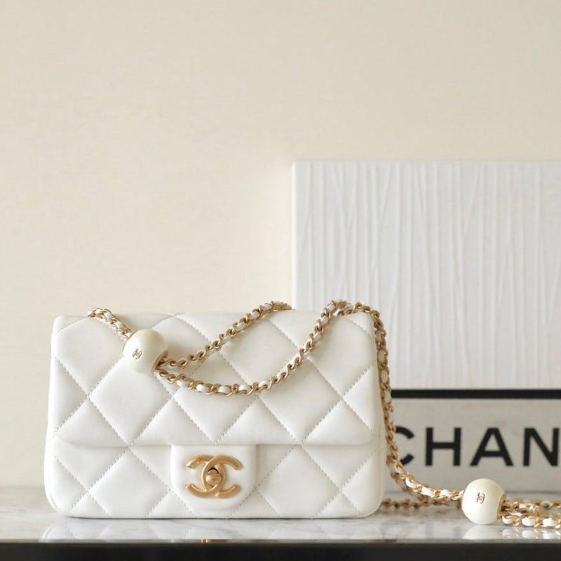 cc 24s mini flap bag 20cm white lambskin pearl ball