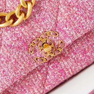 19 flap bag 26 pink tweed gold hardware