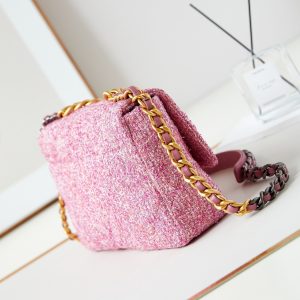 19 flap bag 26 pink tweed gold hardware