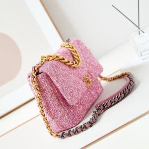19 flap bag 26 pink tweed gold hardware