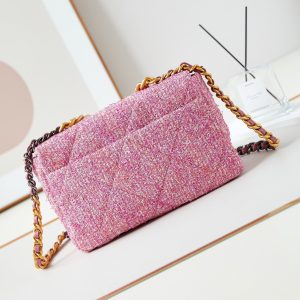 19 flap bag 26 pink tweed gold hardware