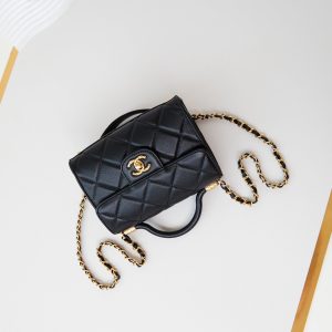 24a flap bag with top handle 18cm black lambskin gold hardware