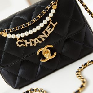 24a mini flap bag 20cm black lambskin pearl and gold hardware