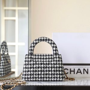 cc 24a nano 19cm kelly shopper bag black white tweed