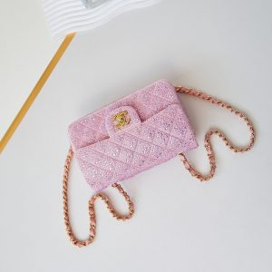 24b mini flap bag  20cm pink lambskin silver purple diamond