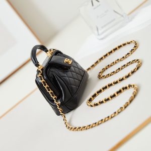 CC 24A Mini Top Handle 13cm Black Wax Leather Gold Hardware 238455