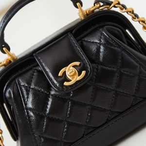 CC 24A Mini Top Handle 13cm Black Wax Leather Gold Hardware 238455