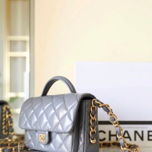 cc 24a flap bag 20cm top handle grey lambskin gold hardware