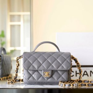 cc 24a flap bag 20cm top handle grey lambskin gold hardware