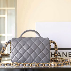 cc 24a flap bag 20cm top handle grey lambskin gold hardware