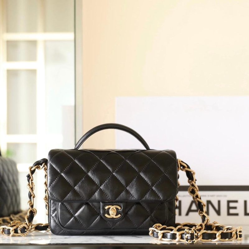 cc 24a flap bag 20cm top handle black  lambskin gold hardware